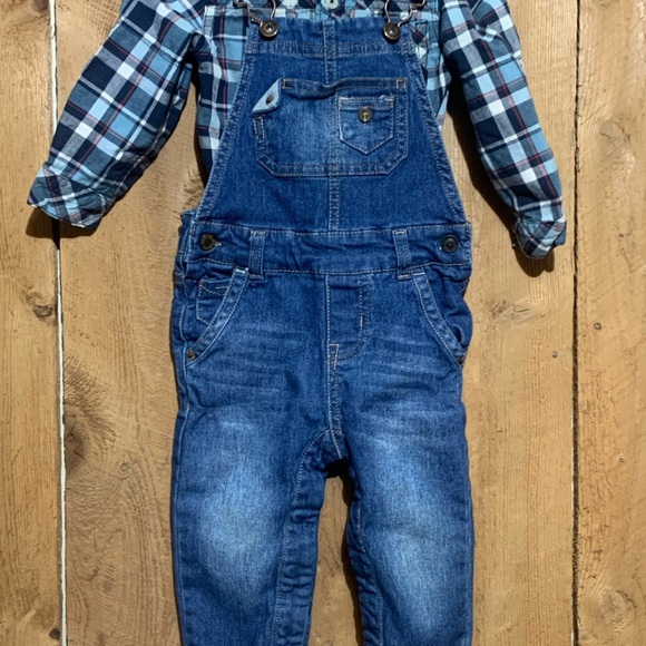 Vintage Genuine Kids From Oshkosh Plaid Print Shirt & Denim Overalls - Picture 5 of 15
